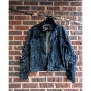 Black Keys Men’s Bleached Acid Wash Distressed Denim Moto Jacket-Med